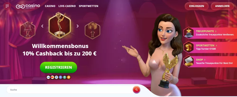 Infinity Casino Willkommensbonus 10% Cashback bis zu 200 € — Jetzt spielen und gewinnen